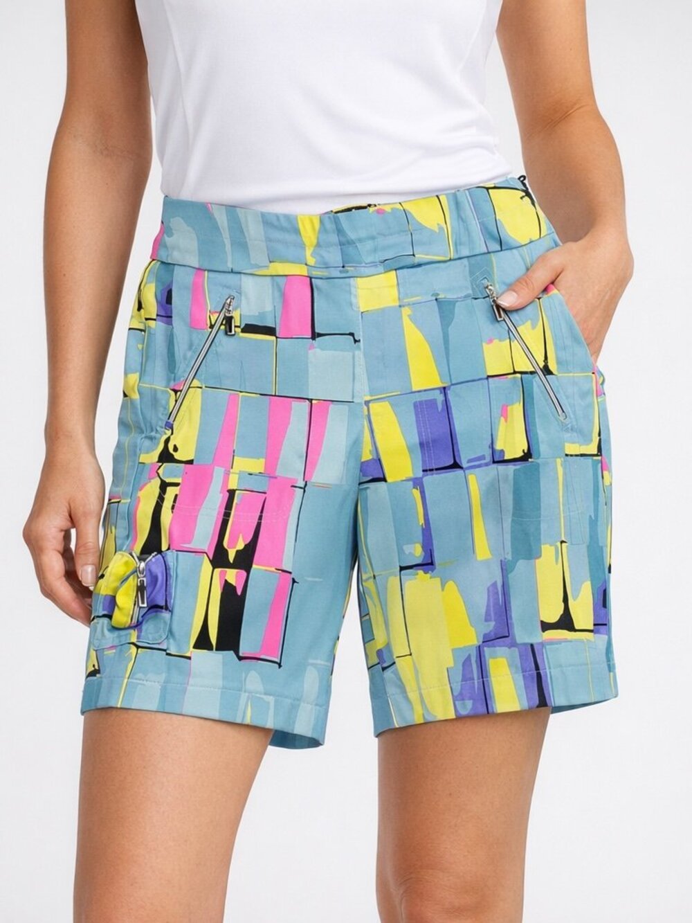 Jamie Sadock Golf Shorts Women 9" Inseam Colorful Print Zip Pocket Athletic